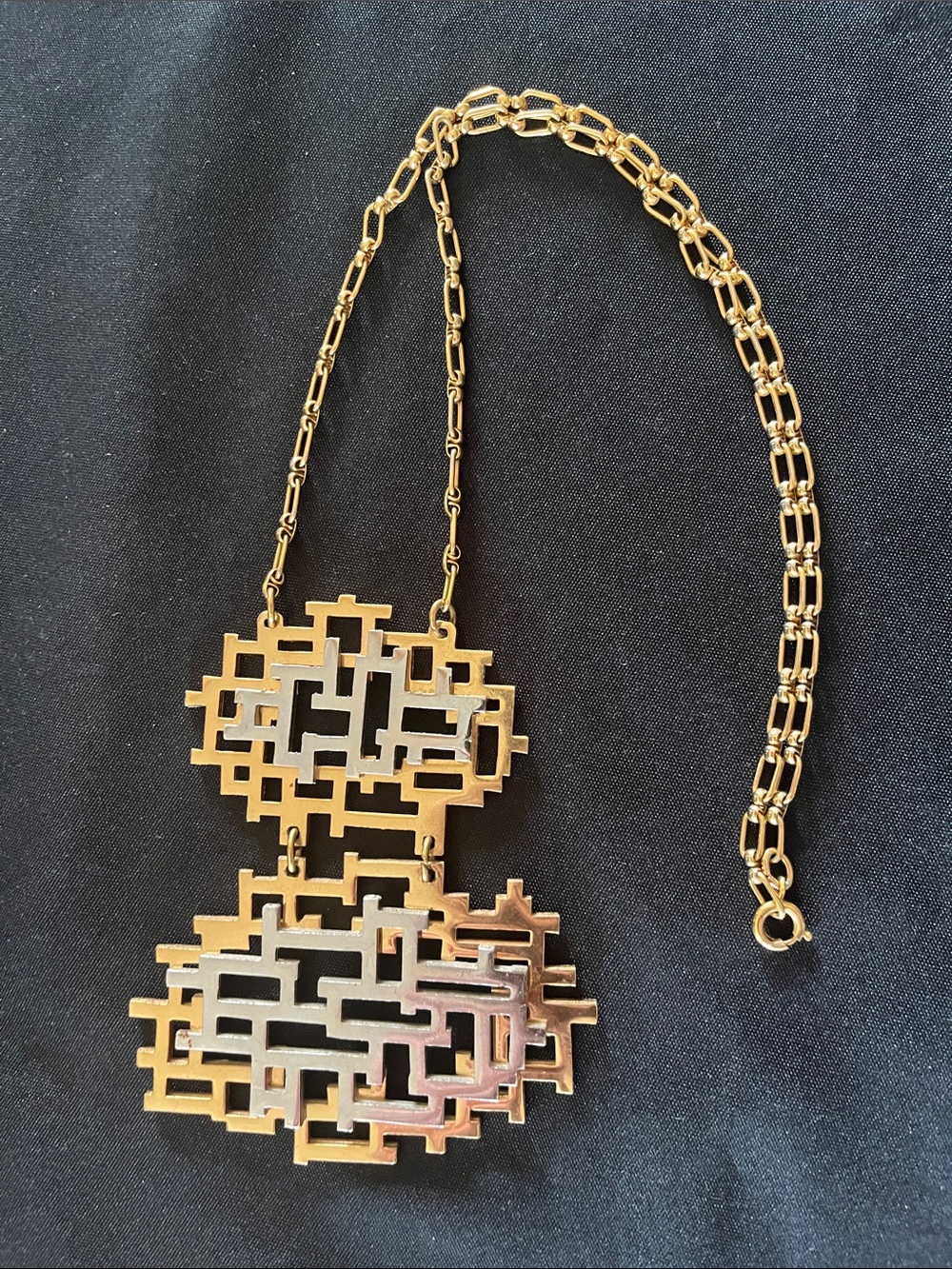 Vtg Napier 70s Geometric Maze Gold Silver 2 Pendant Statement Necklace Brutalist
